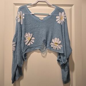 POL Women's Long Sleeve Distressed Blue Flower Print Knit Top - Size M